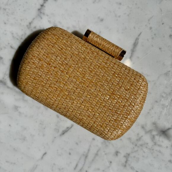 Straw Woven Box Clutch w/ Gold Chain Strap – Hard Case Evening Bag - Picture 2 of 8